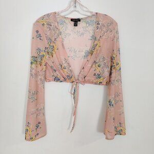 New Look Women's Bolero Cardigan Size 8 Sheer Pink Floral Tie Front Party Chic
